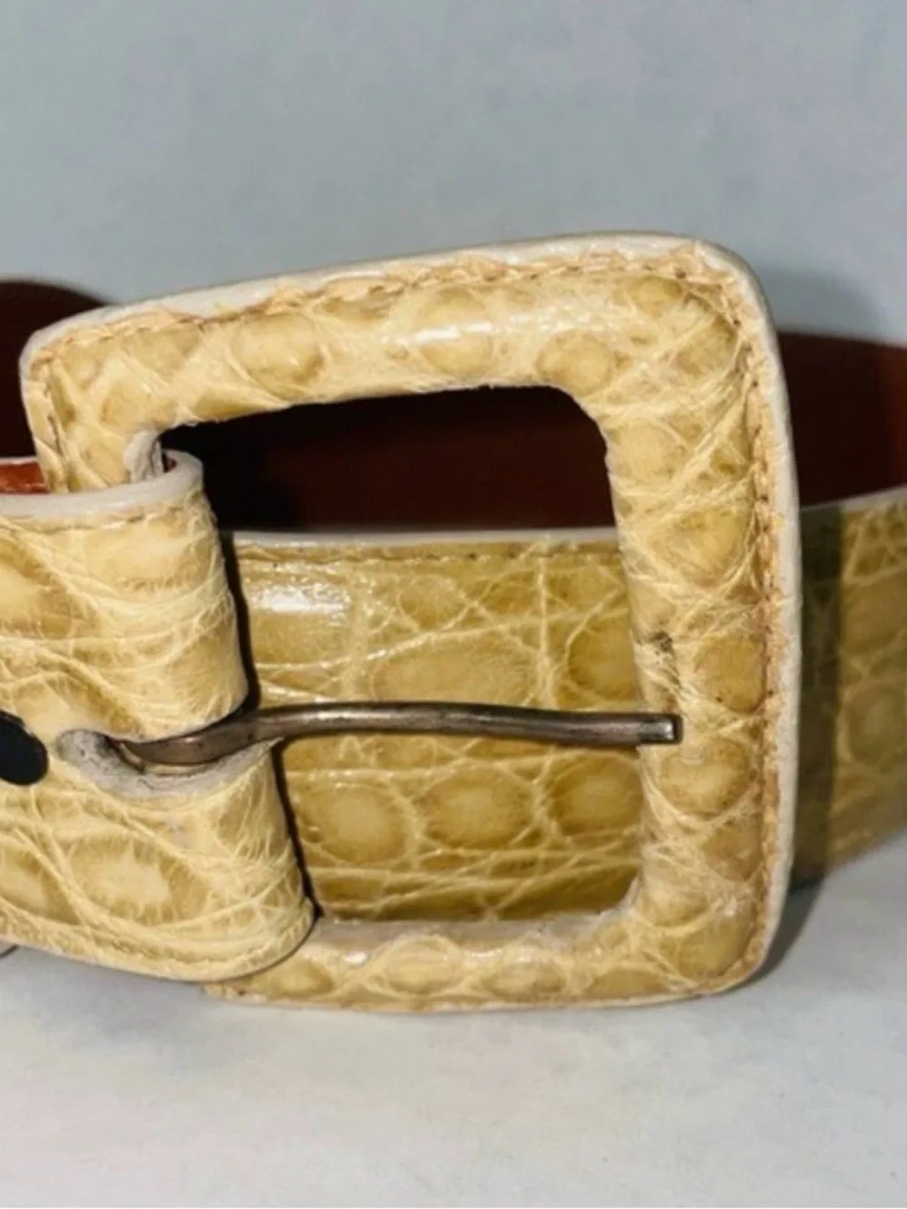 Cream Croc-Embossed Leather Belt with Covered Buckle